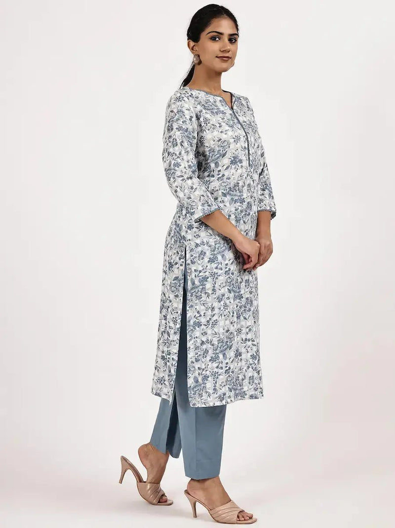 Blue & White Floral Printed Straight Kurta with Pants