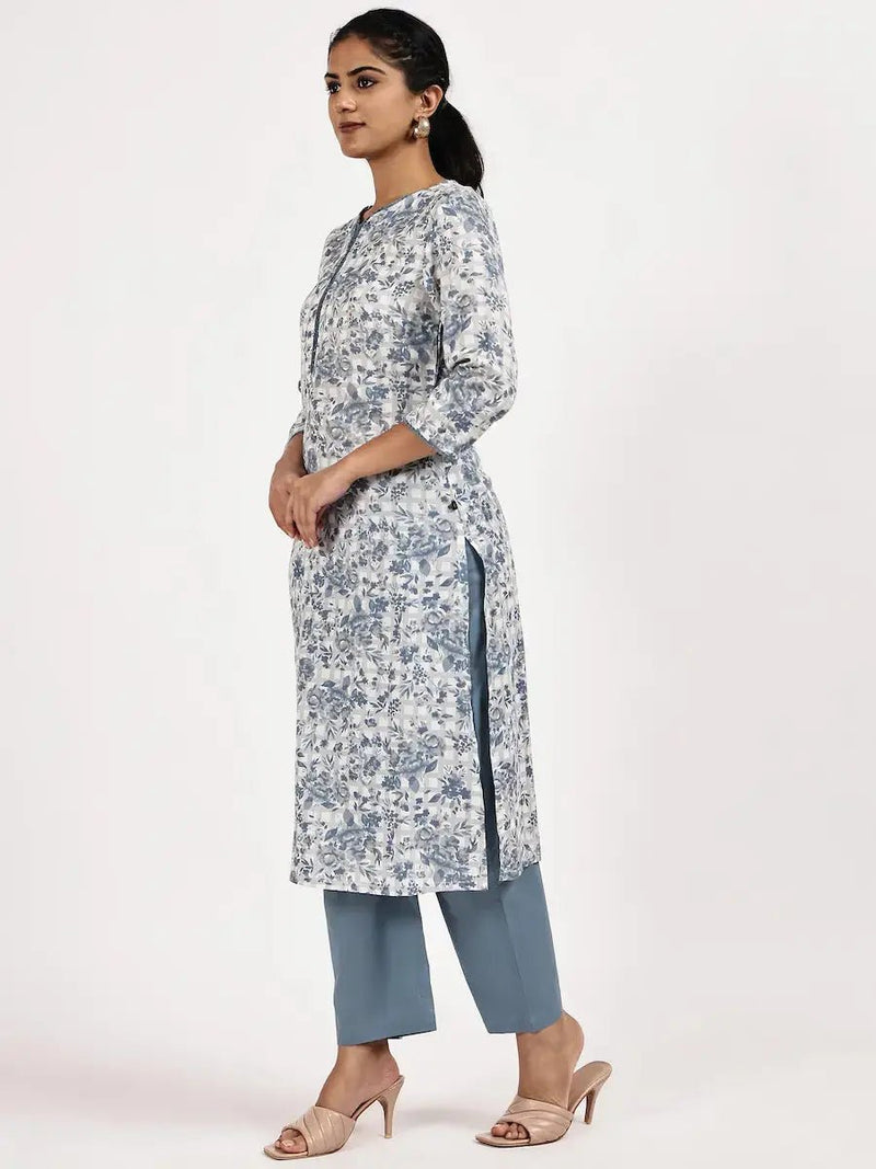 Blue & White Floral Printed Straight Kurta with Pants