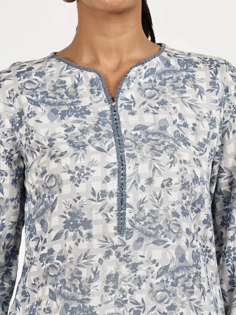 Blue & White Floral Printed Straight Kurta with Pants