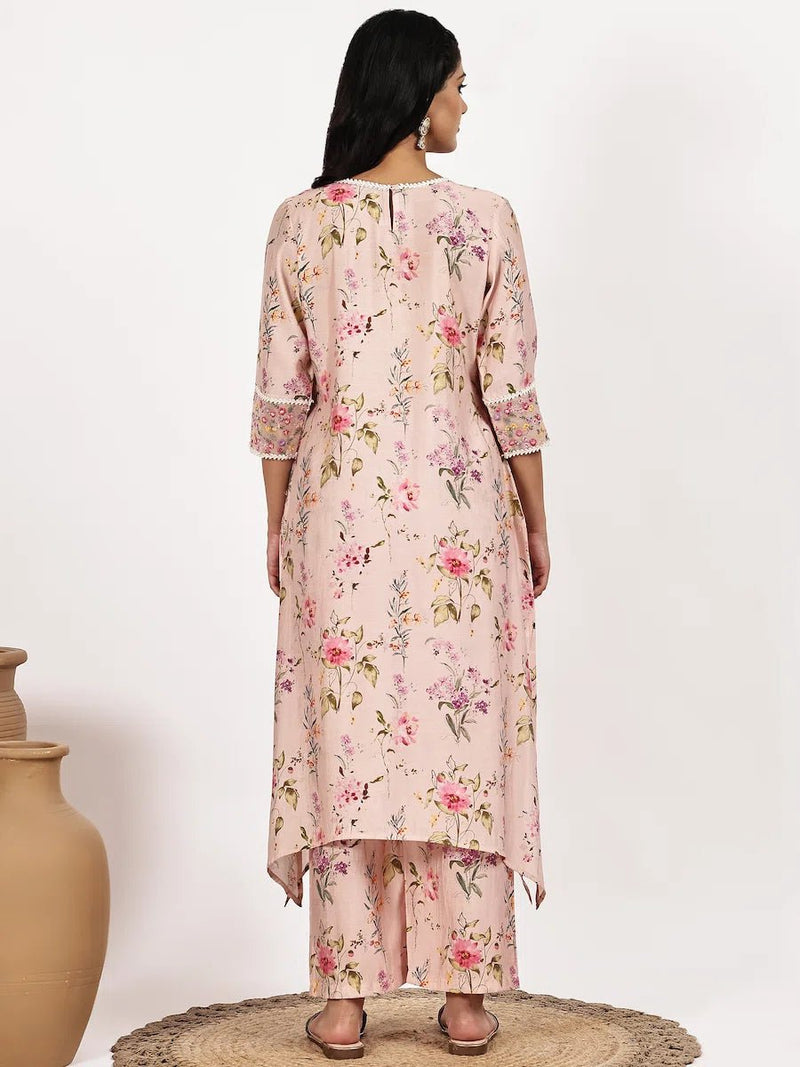 blush Pink Floral Asymmetric Kurta with pant