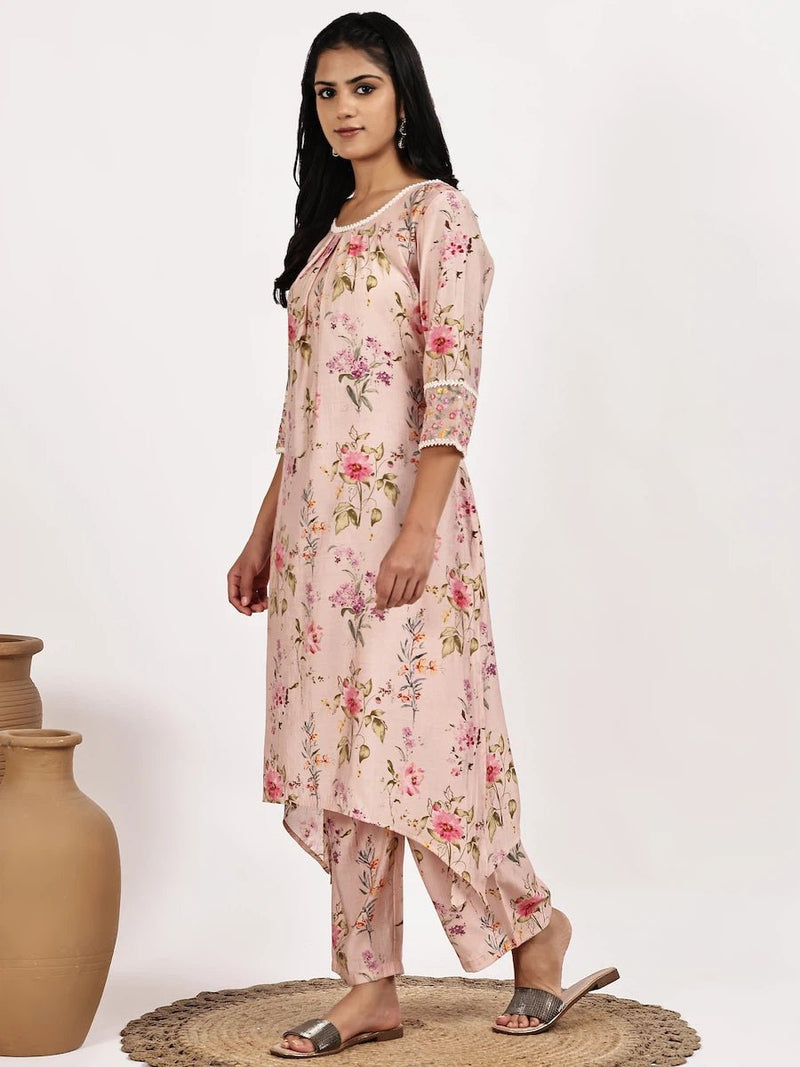 blush Pink Floral Asymmetric Kurta with pant