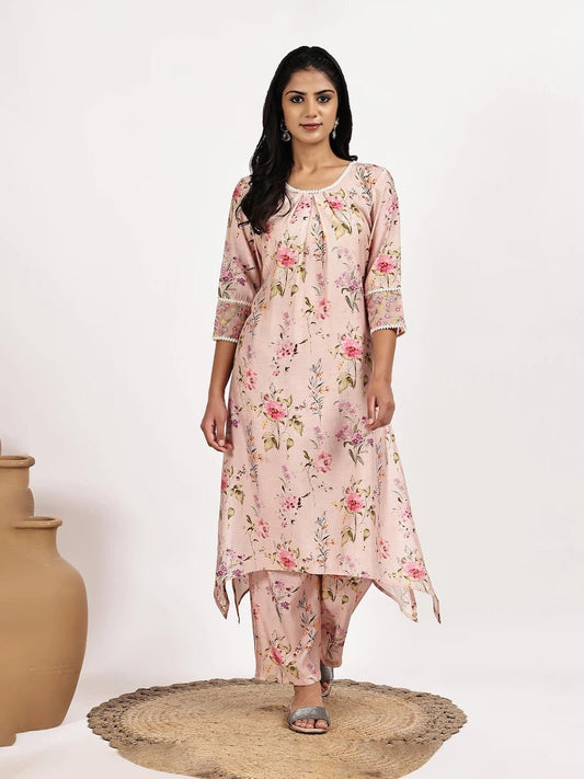 blush Pink Floral Asymmetric Kurta with pant product_color 2 Pcs Set