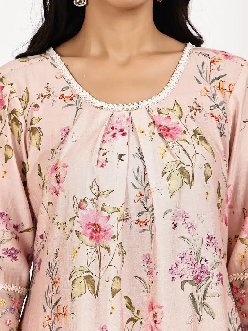 blush Pink Floral Asymmetric Kurta with pant
