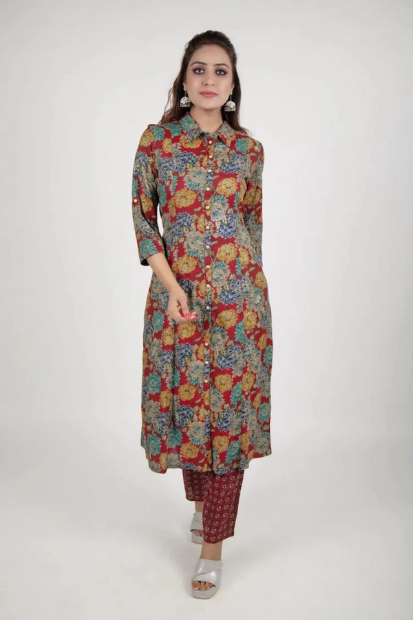 Bold Red Floral Shirt - Style Kurta with Printed Trousers product_color 2 Pcs Set
