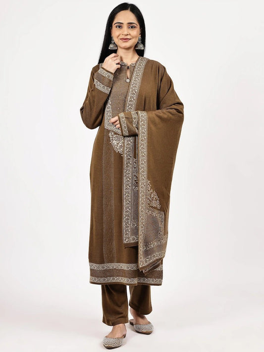 Coffee Brown Jacquard Kurta Set with Full Sleeves and Dupatta product_color Winter Wear