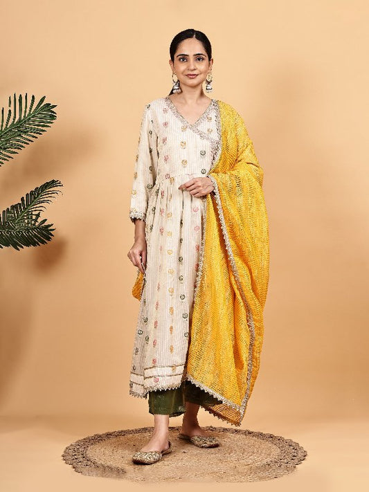 Silk Jacquard Kurta Set with Yellow Zari Dupatta