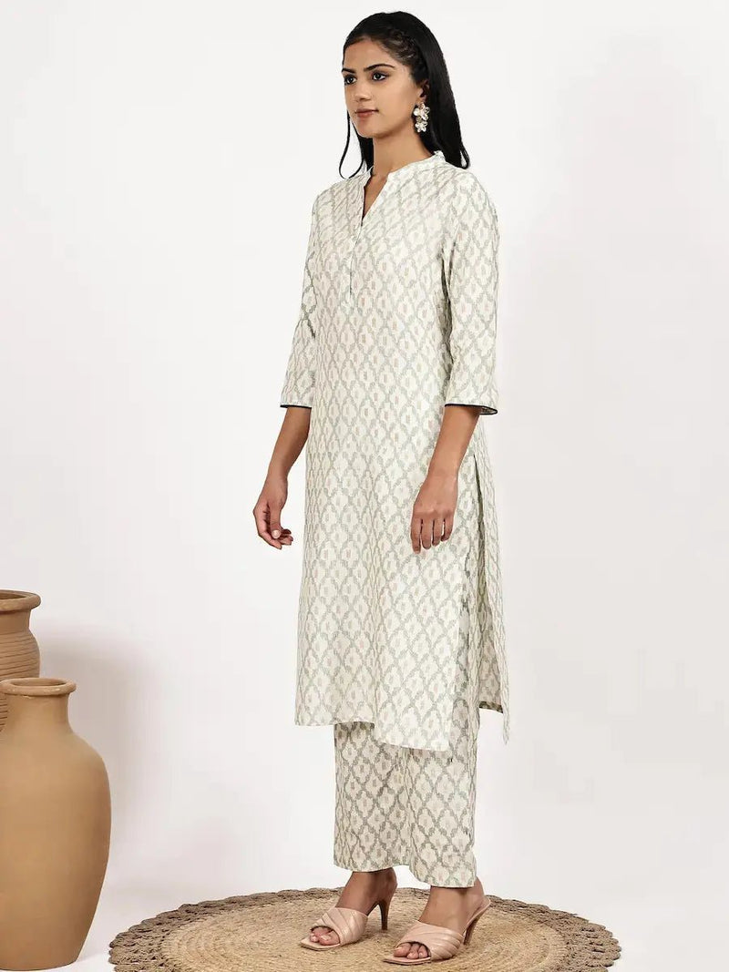 Cream Cotton Printed Kurta with Palazzo for Women