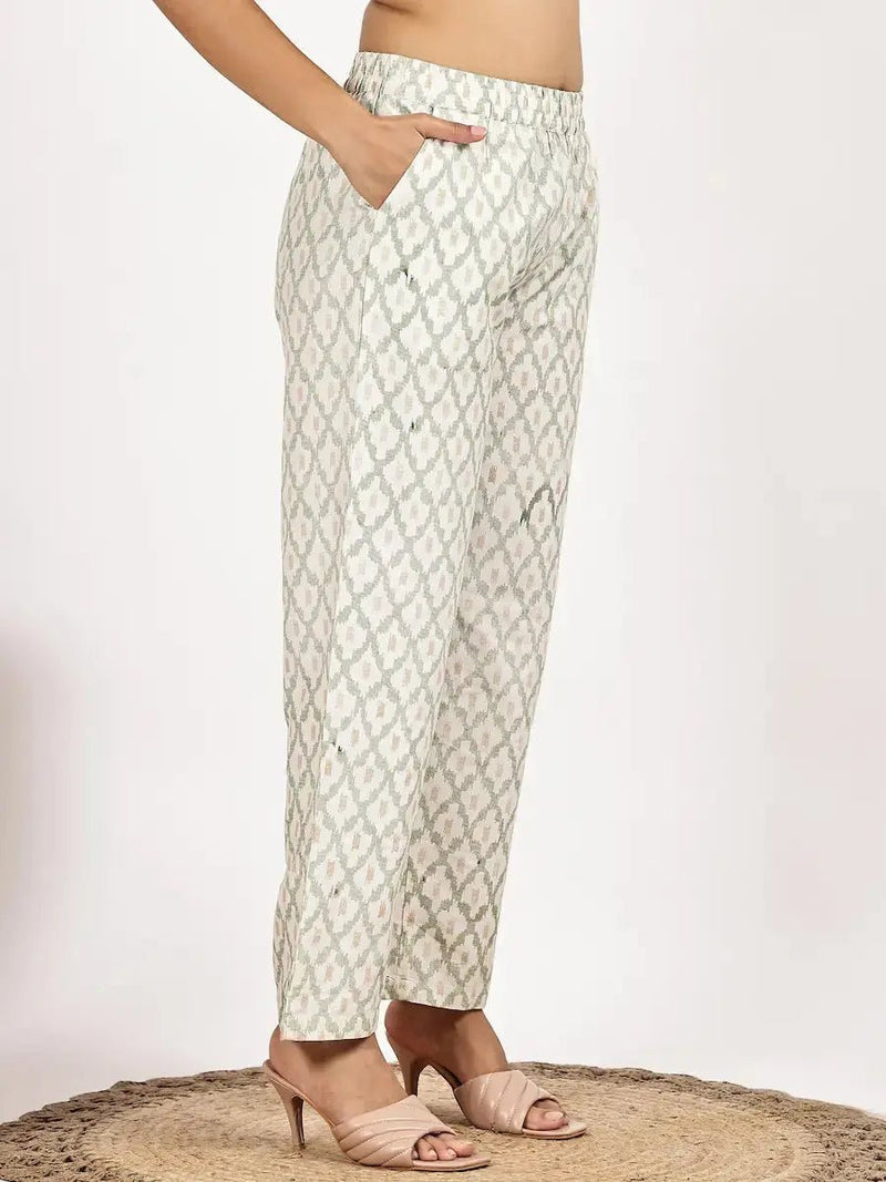 Cream Cotton Printed Kurta with Palazzo for Women