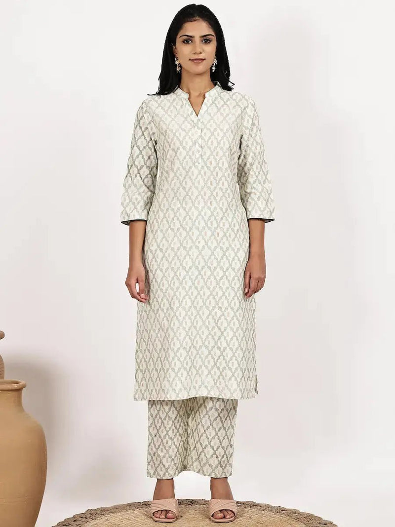 Cream Cotton Printed Kurta with Palazzo for Women