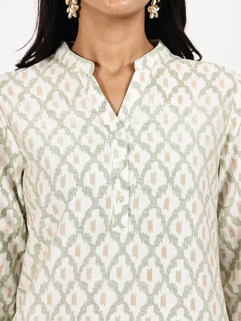 Cream Cotton Printed Kurta with Palazzo for Women