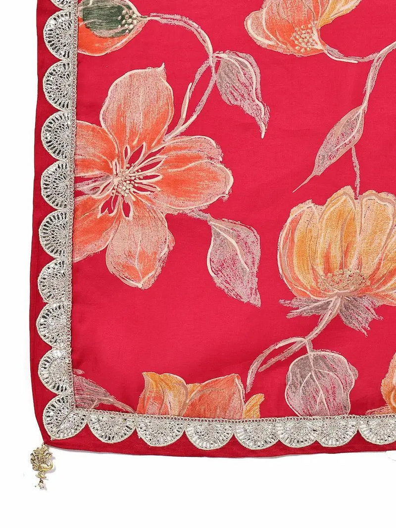 Dark Pink Kurta Set with Floral Dupatta for Women