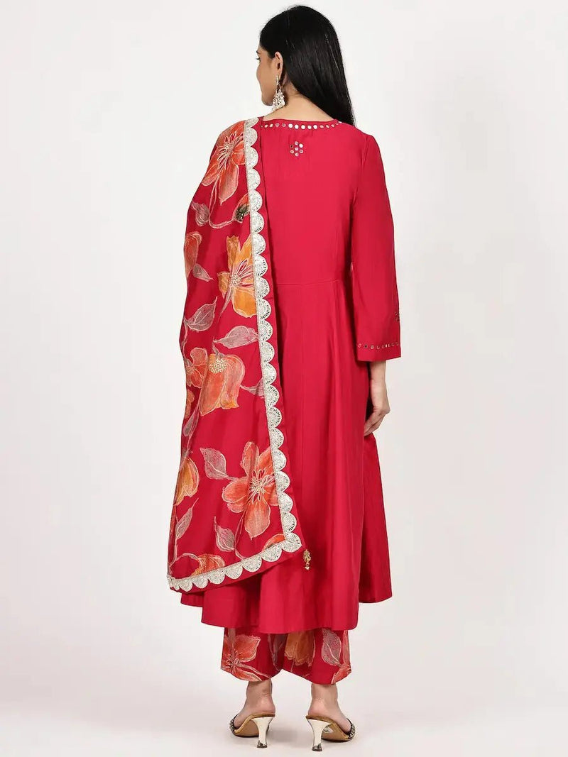 Dark Pink Kurta Set with Floral Dupatta for Women