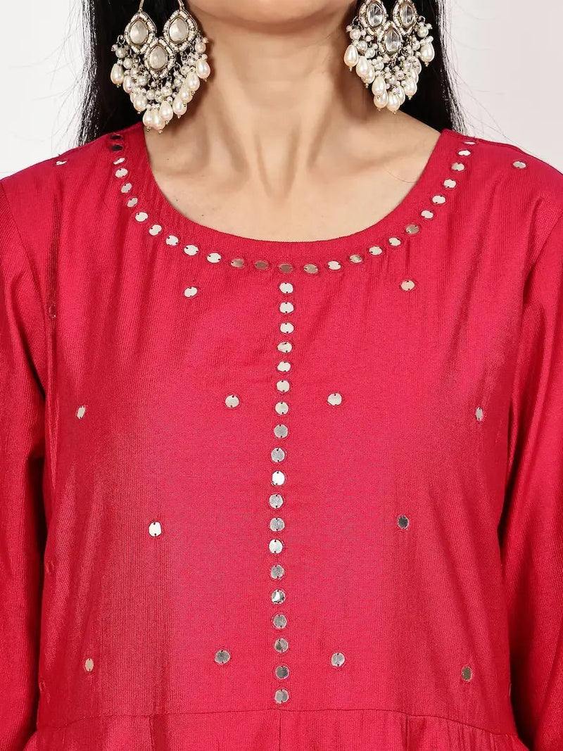 Dark Pink Kurta Set with Floral Dupatta for Women