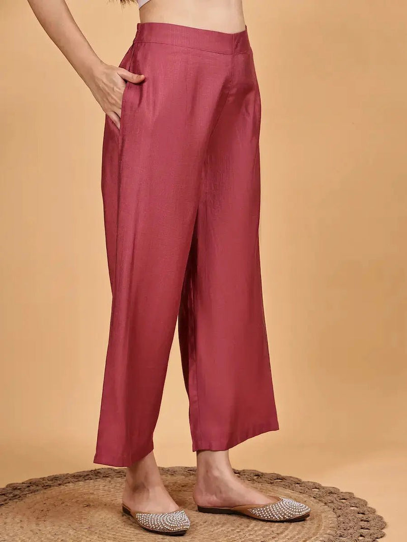 Dark Purple Floral Kurta Set for Women with Rust Palazzo & Dupatta