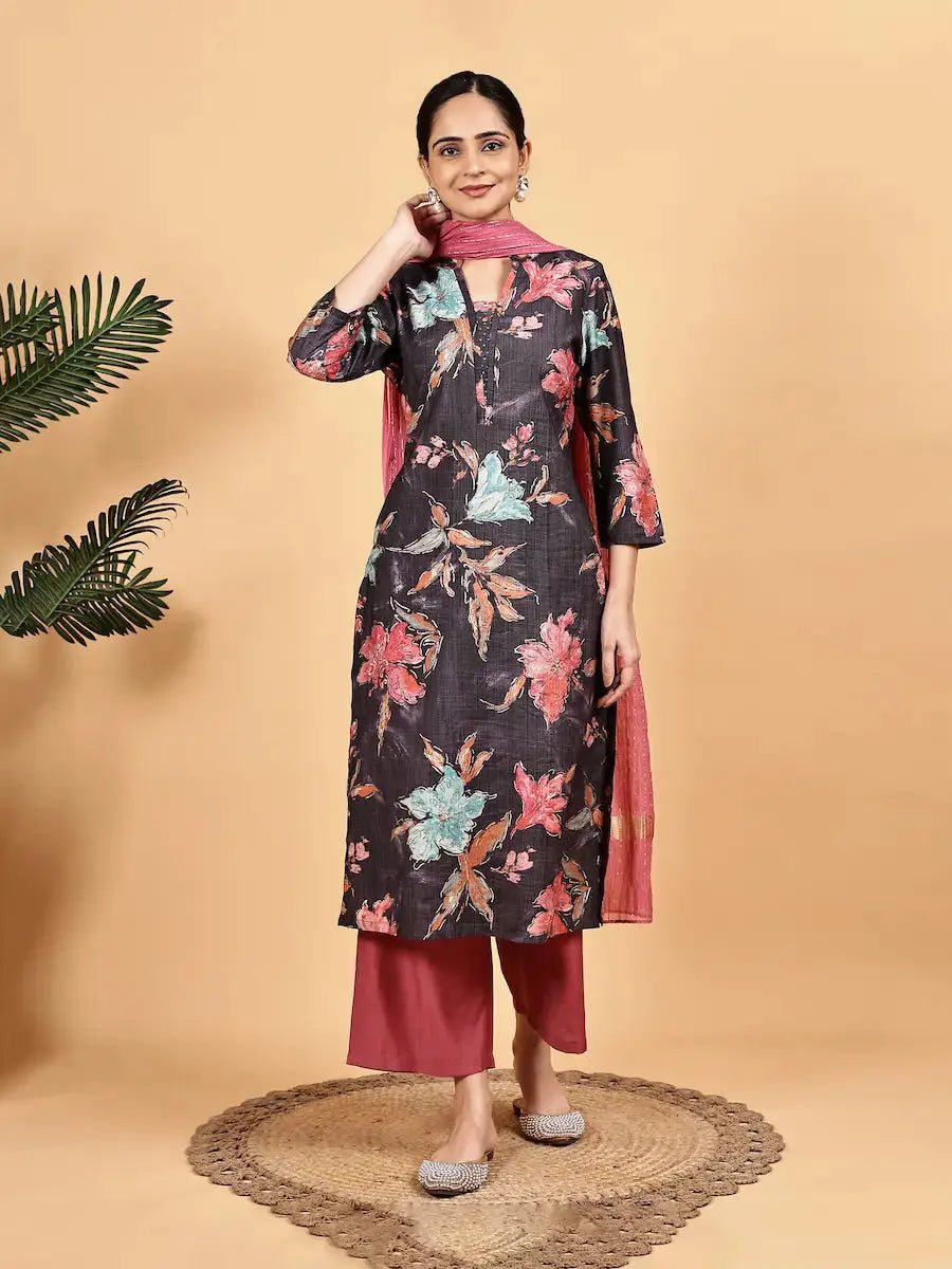 Dark Purple Floral Kurta Set for Women with Rust Palazzo & Dupatta product_color KURTA SET