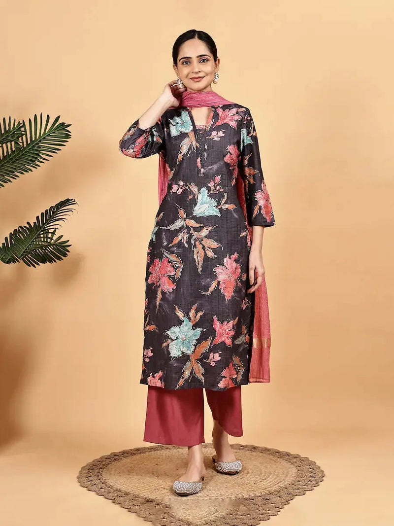 Dark Purple Floral Kurta Set for Women with Rust Palazzo & Dupatta