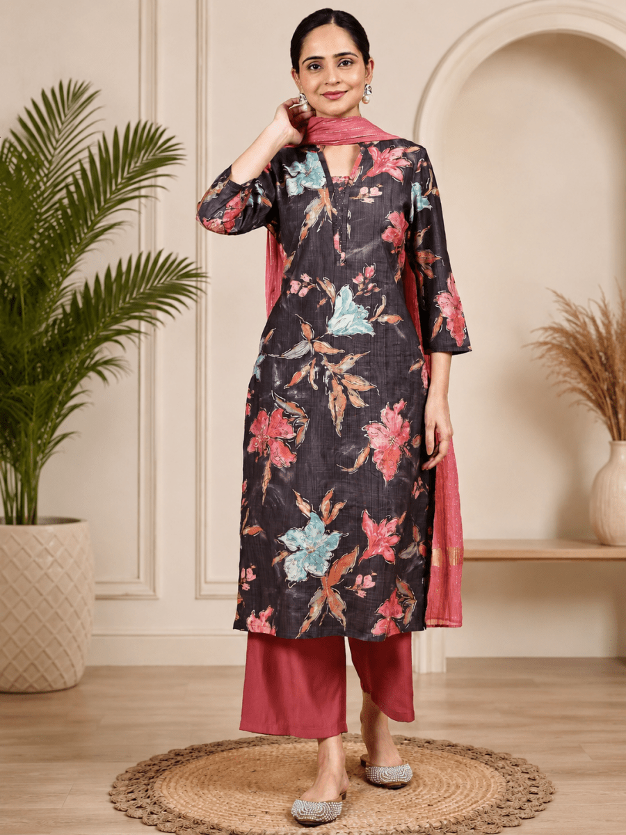 Dark Purple Floral Kurta Set for Women with Rust Palazzo & Dupatta product_color KURTA SET