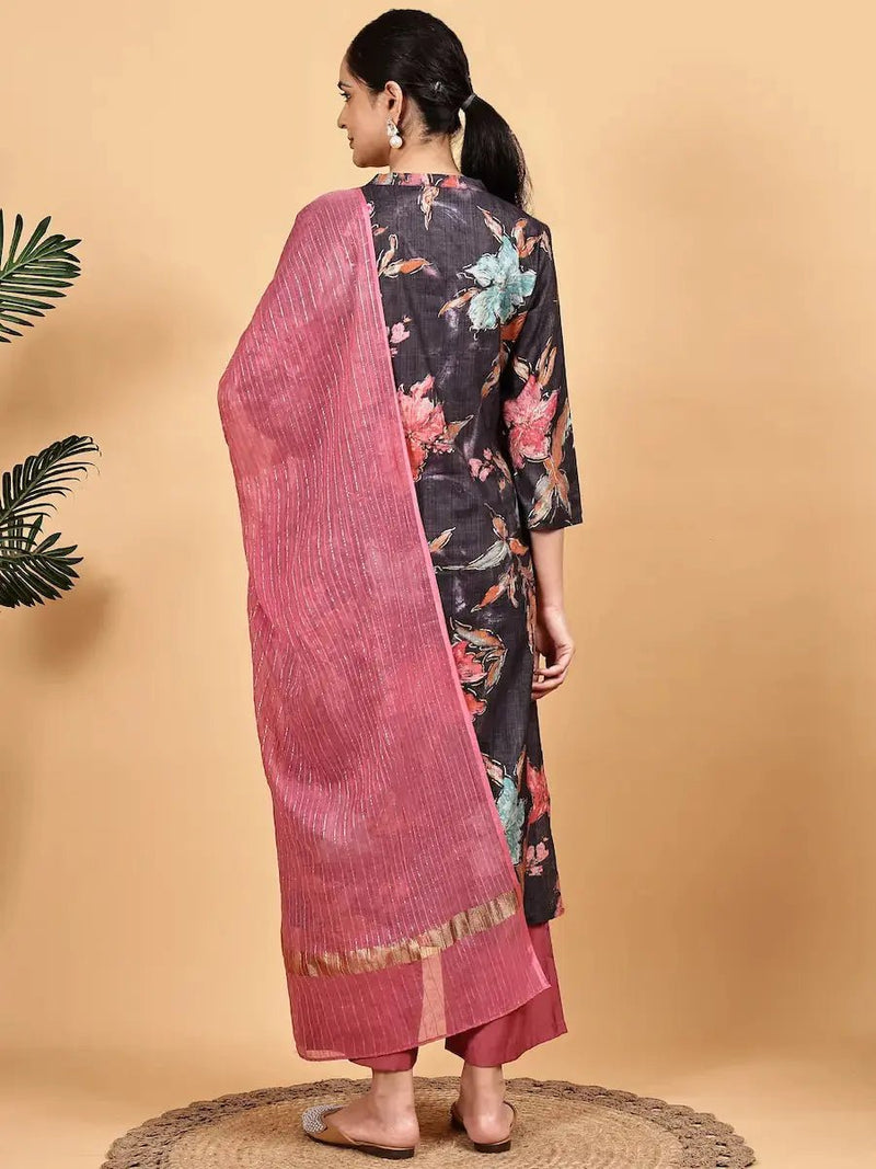 Dark Purple Floral Kurta Set for Women with Rust Palazzo & Dupatta