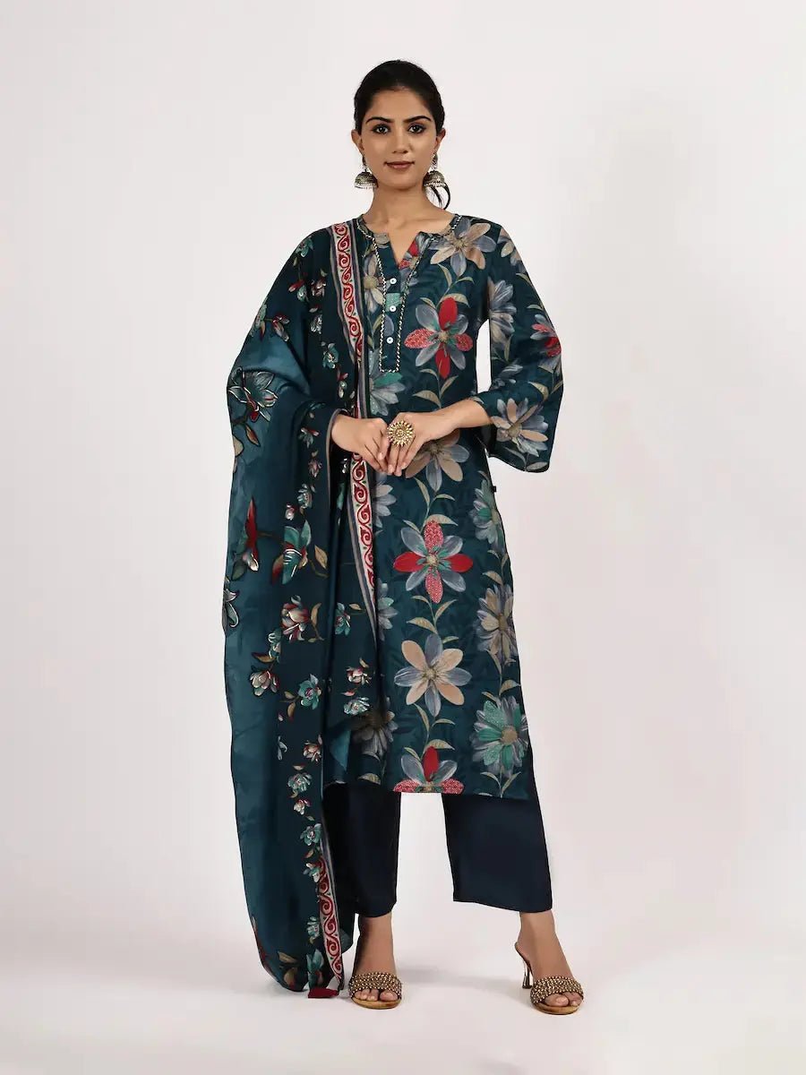 dark-teal-floral-printed-kurta-set