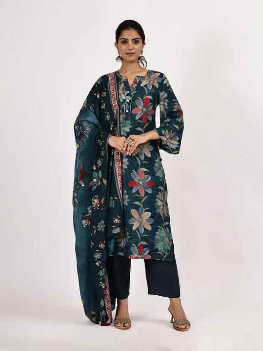 Dark Teal Floral Printed Kurta Set with Pants & Dupatta product_color KURTA SET