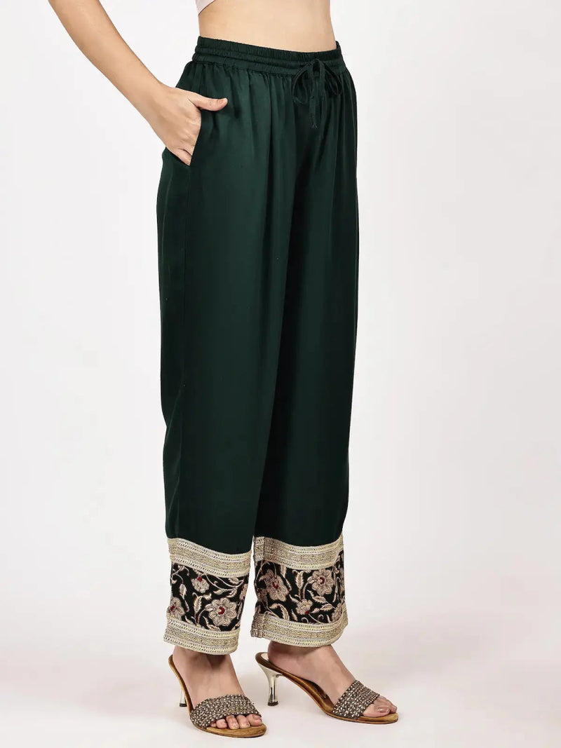Deep Green Printed Kurta Set with Embellished Borders