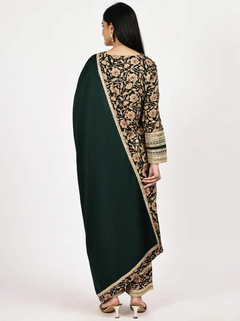 Deep Green Printed Kurta Set with Embellished Borders