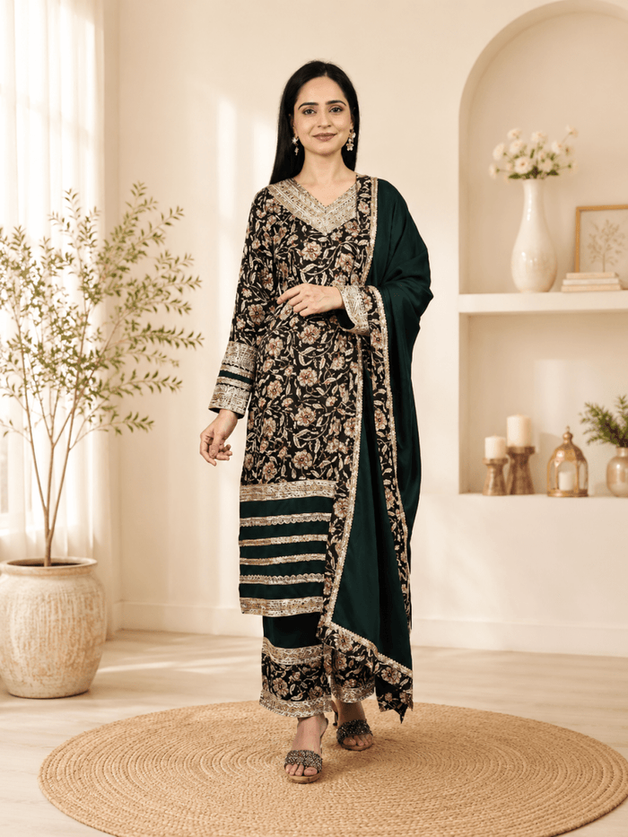 Deep Green Printed Kurta Set with Embellished Borders product_color KURTA SET