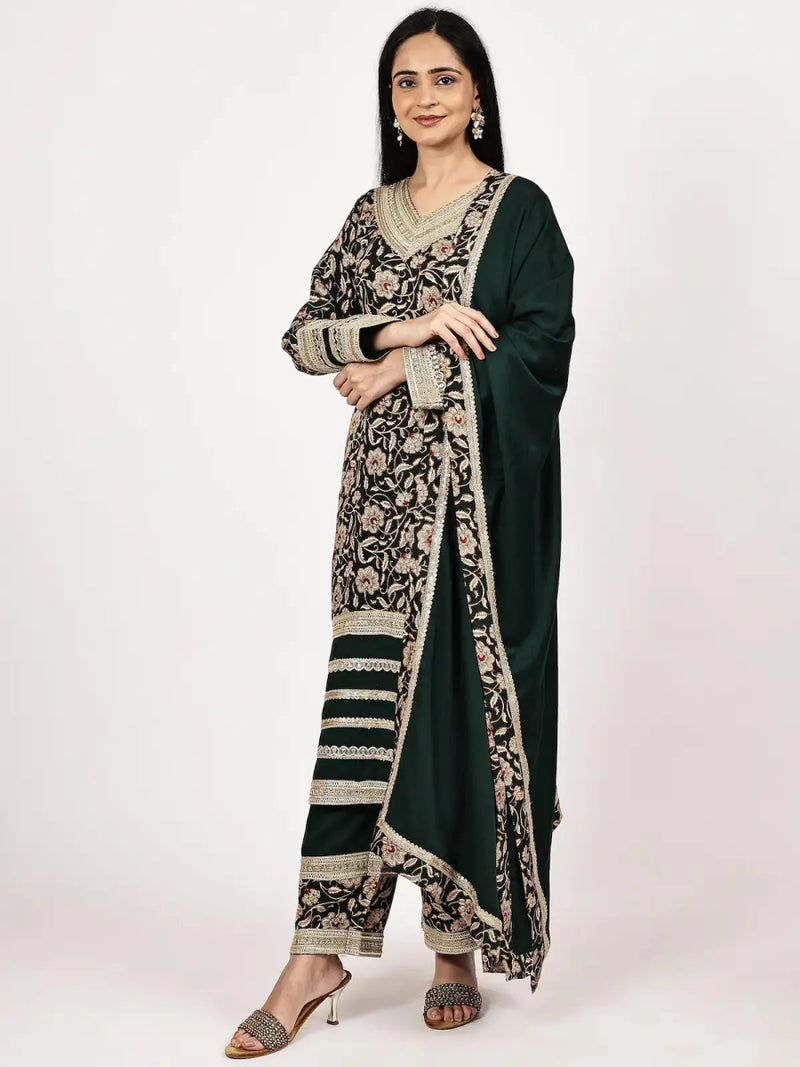 Deep Green Printed Kurta Set with Embellished Borders