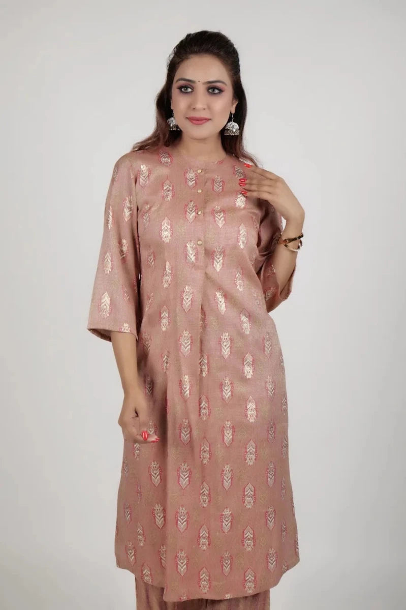 Dusty Rose Gold Foil Print Kurta with Striped Palazzo Set