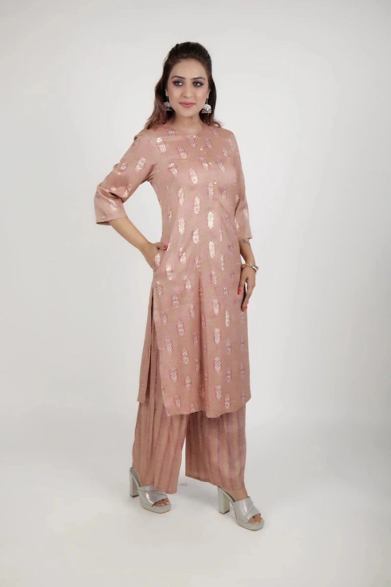 Dusty Rose Gold Foil Print Kurta with Striped Palazzo Set
