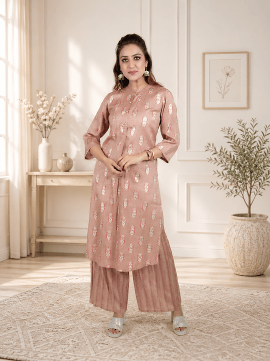 Dusty Rose Gold Foil Print Kurta with Striped Palazzo Set