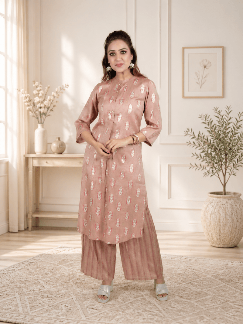 Dusty Rose Gold Foil Print Kurta with Striped Palazzo Set product_color 2 Pcs Set