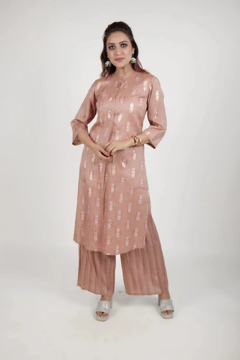 Dusty Rose Gold Foil Print Kurta with Striped Palazzo Set