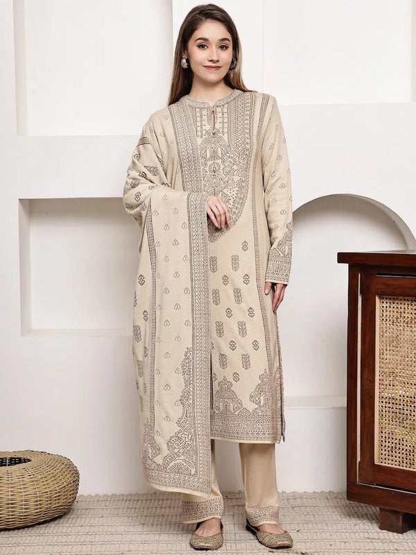 Elegant Beige Acrylic Jacquard Kurta Set with Intricate Detailing product_color Winter Wear