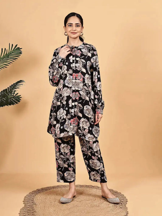 Elegant Black Co - Ord Set with Floral Prints – Daily Wear product_color Co - ord set