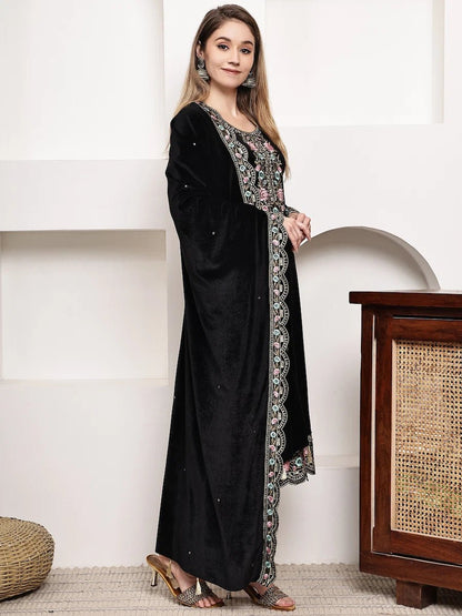 Elegant Black Velvet Embroidered Kurta Set with Dupatta product_color Winter Wear