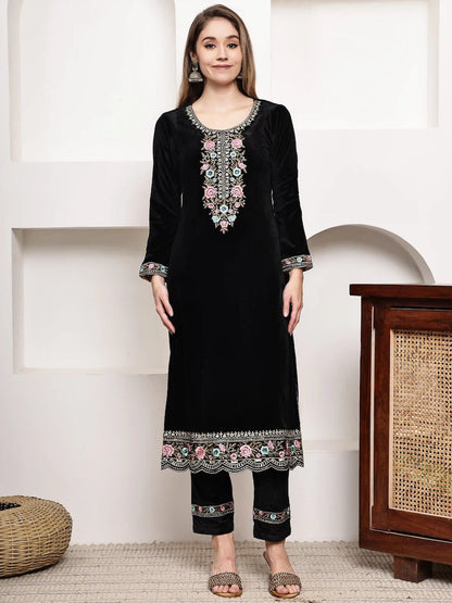 Elegant Black Velvet Embroidered Kurta Set with Dupatta product_color Winter Wear