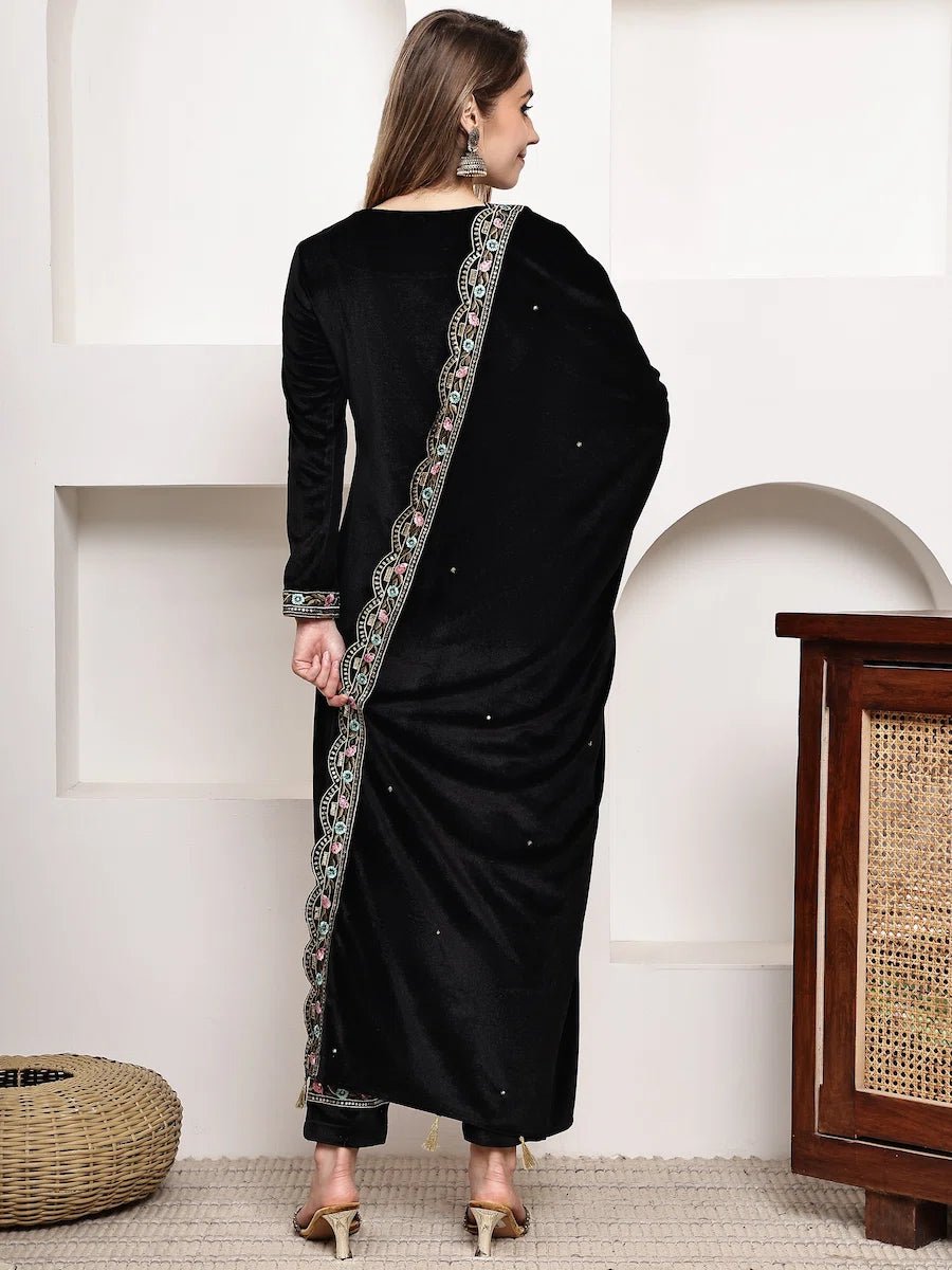 Elegant Black Velvet Embroidered Kurta Set with Dupatta product_color Winter Wear