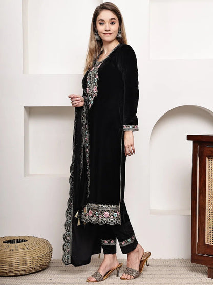 Elegant Black Velvet Embroidered Kurta Set with Dupatta product_color Winter Wear