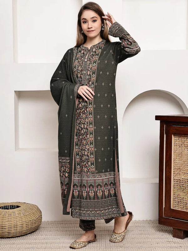 Elegant Dark Olive Green Acrylic Jacquard Kurta Set with Full Sleeves and Intricate Dupatta product_color Winter Wear