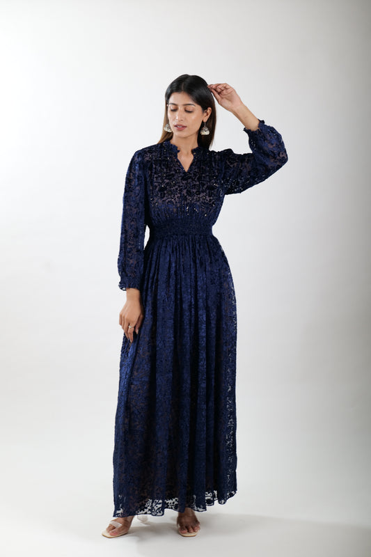 Navy blue Devoré (also called burnout) ruffle collar dress with hand work @ yoke along with Spegatie