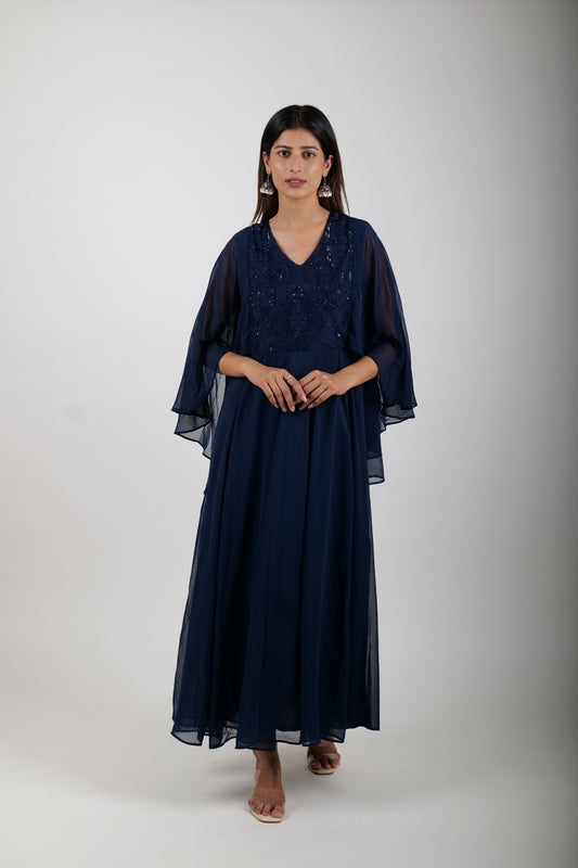 Emborided Navy Blue Dress With Attached scarf