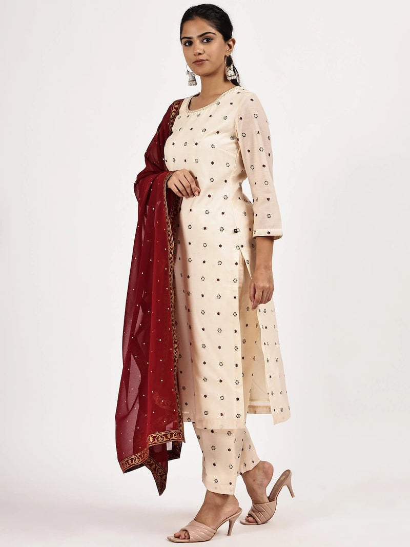 Embroided Printed Off-white Kurta Set with Maroon Dupatta
