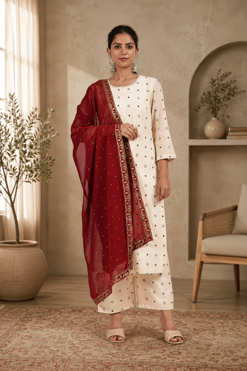 Embroided Printed Off-white Kurta Set with Maroon Dupatta product_color KURTA SET