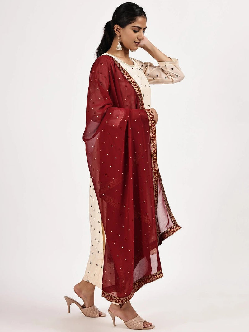 Embroided Printed Off-white Kurta Set with Maroon Dupatta