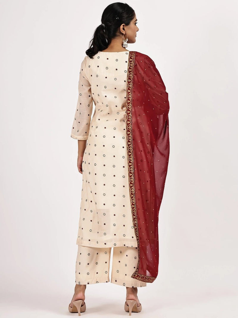 Embroided Printed Off-white Kurta Set with Maroon Dupatta
