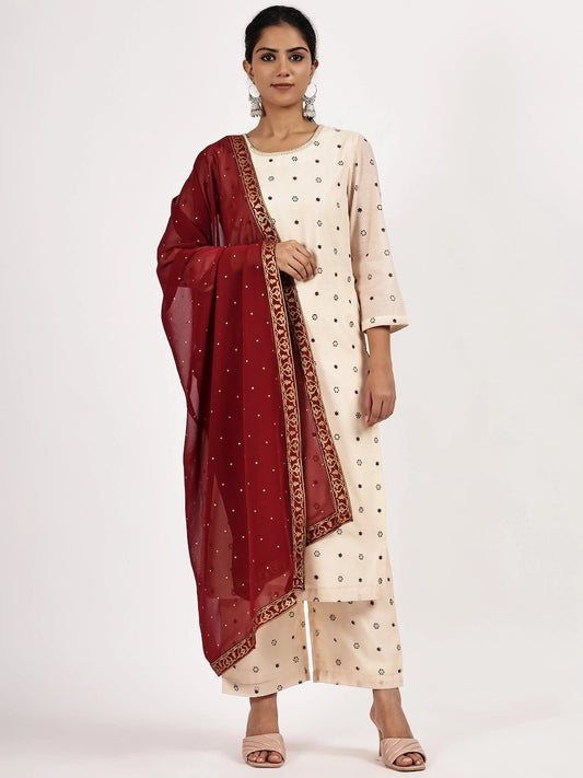 Embroided Printed Off - white Kurta Set with Maroon Dupatta product_color KURTA SET