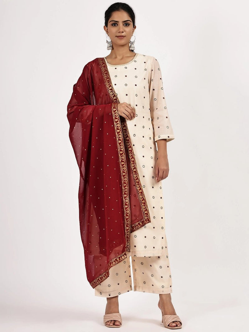 Embroided Printed Off-white Kurta Set with Maroon Dupatta