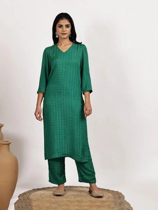 Emerald Green Dobby Kurta with Pant Set product_color 2 Pcs Set