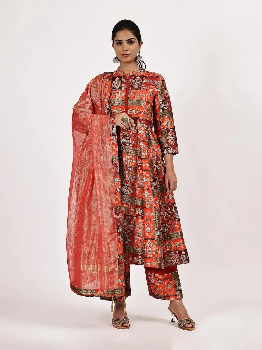 red-printed-silk-jacquard-kurta-set-with-dupatta